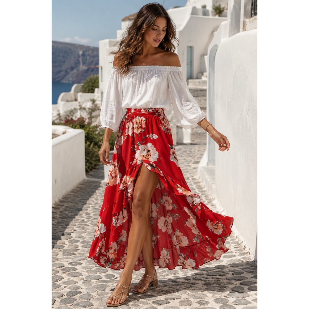 MISA Los Angeles Ruffle High Low Maxi Skirt Womens Size M Red Floral Tiered Boho